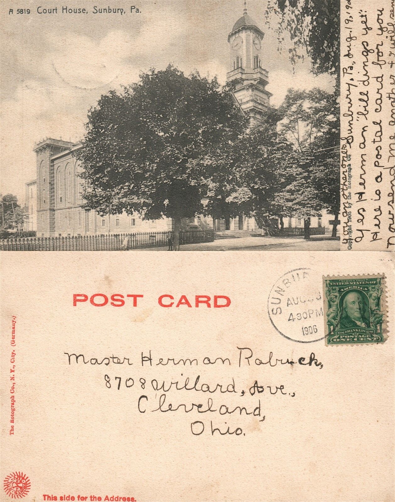 SUNBURY PA COURT HOUSE 1906 UNDIVIDED ANTIQUE POSTCARD