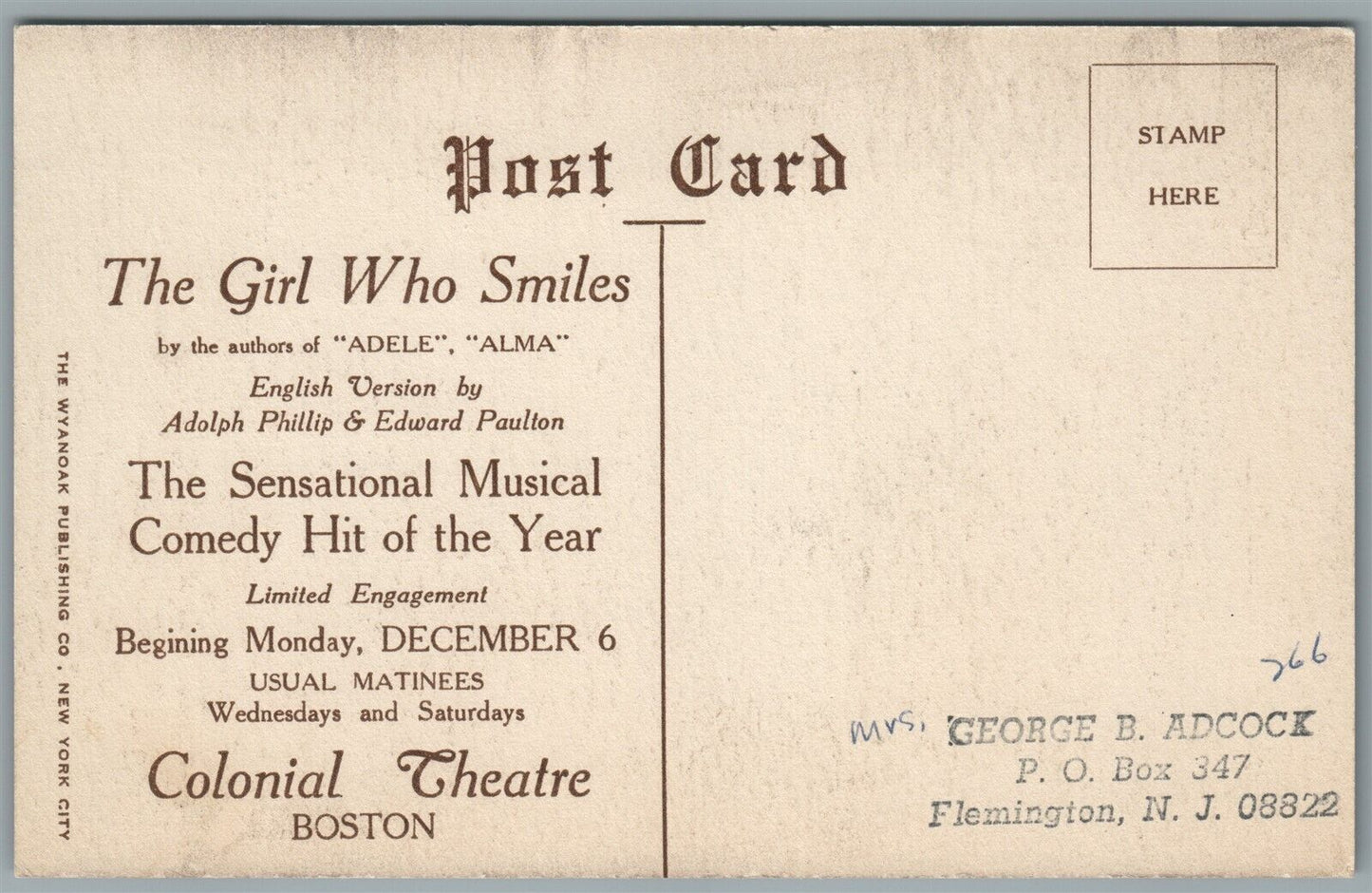 BOSTON MA COLONIAL THEATRE GIRL WHO SMILES COMEDY MUSICAL ANTIQUE POSTCARD
