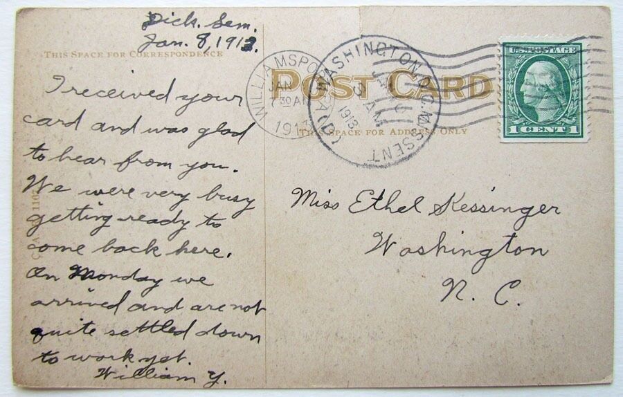 VINTAGE 1913 POSTCARD WEST FOURTH STREET WEST FROM HEPBURN ST. WILLIAMSPORT PA