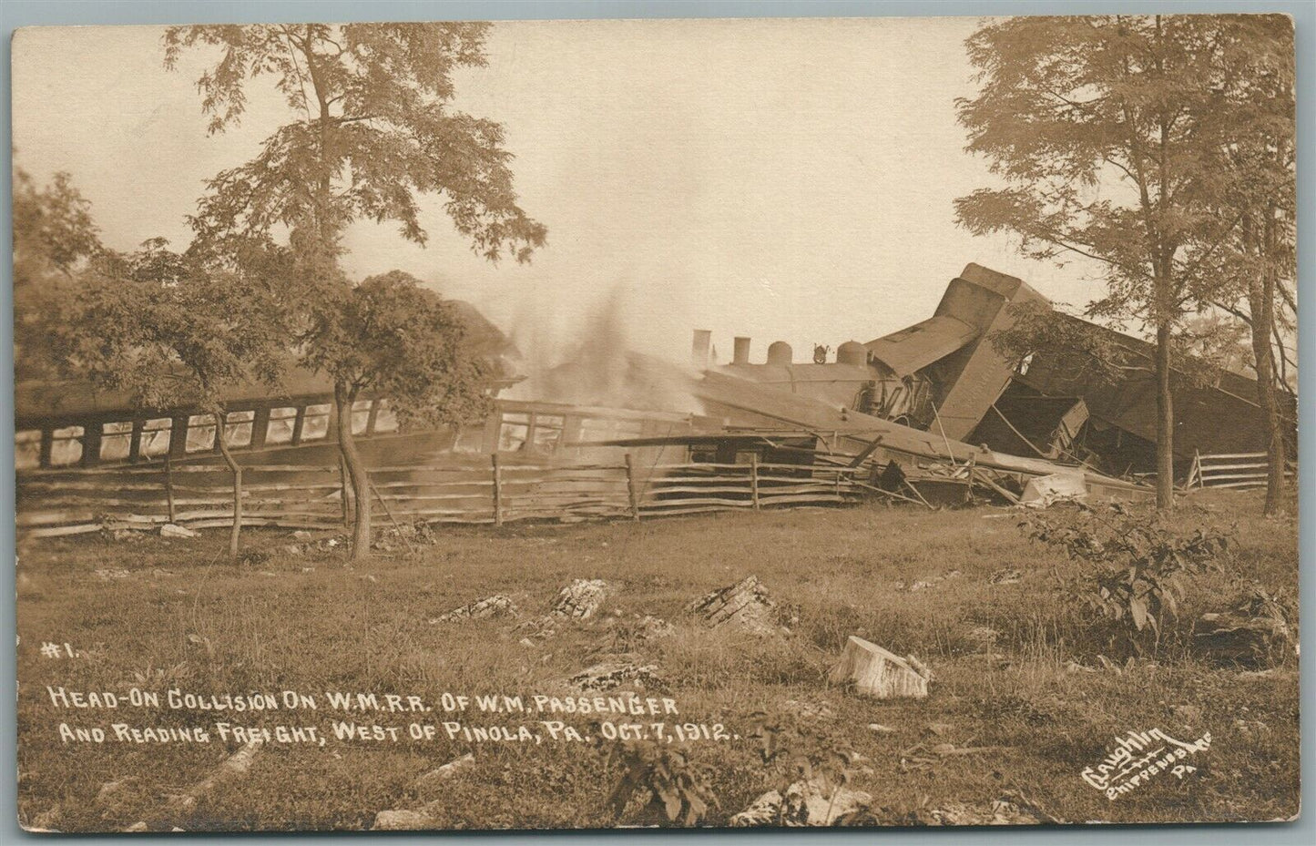 PINOLA PA 1912 WMRR RAILROAD ACCIDENT ANTIQUE REAL PHOTO POSTCARD RPPC