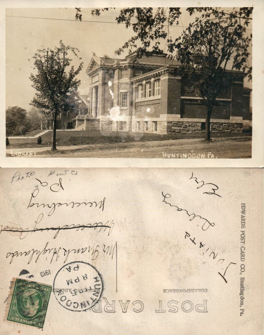 HUNTINGDON PA LIBRARY BUILDING ANTIQUE RPPC REAL PHOTO POSTCARD