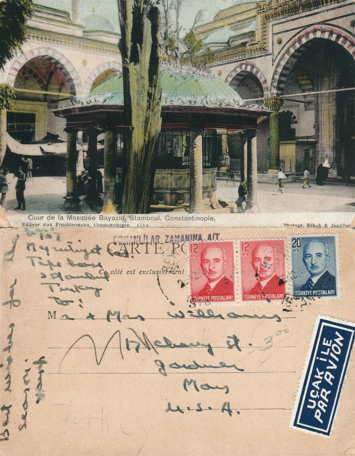 BAYAZID MOSQUE ISTANBUL CONSTANTINOPLE TURKEY VINTAGE POSTCARD w/ STAMPS