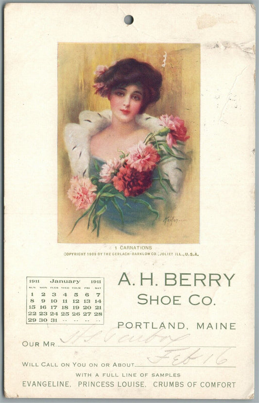PORTLAND ME A.H.BERRY SHOE COMPANY ADVERTISING ANTIQUE POSTCARD w/1911 CALENDAR