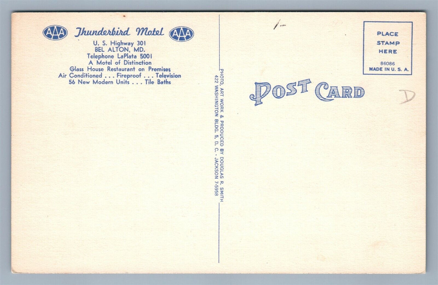 BEL ALTON MD THUNDER BIRD HOTEL ADVERTISING VINTAGE POSTCARD