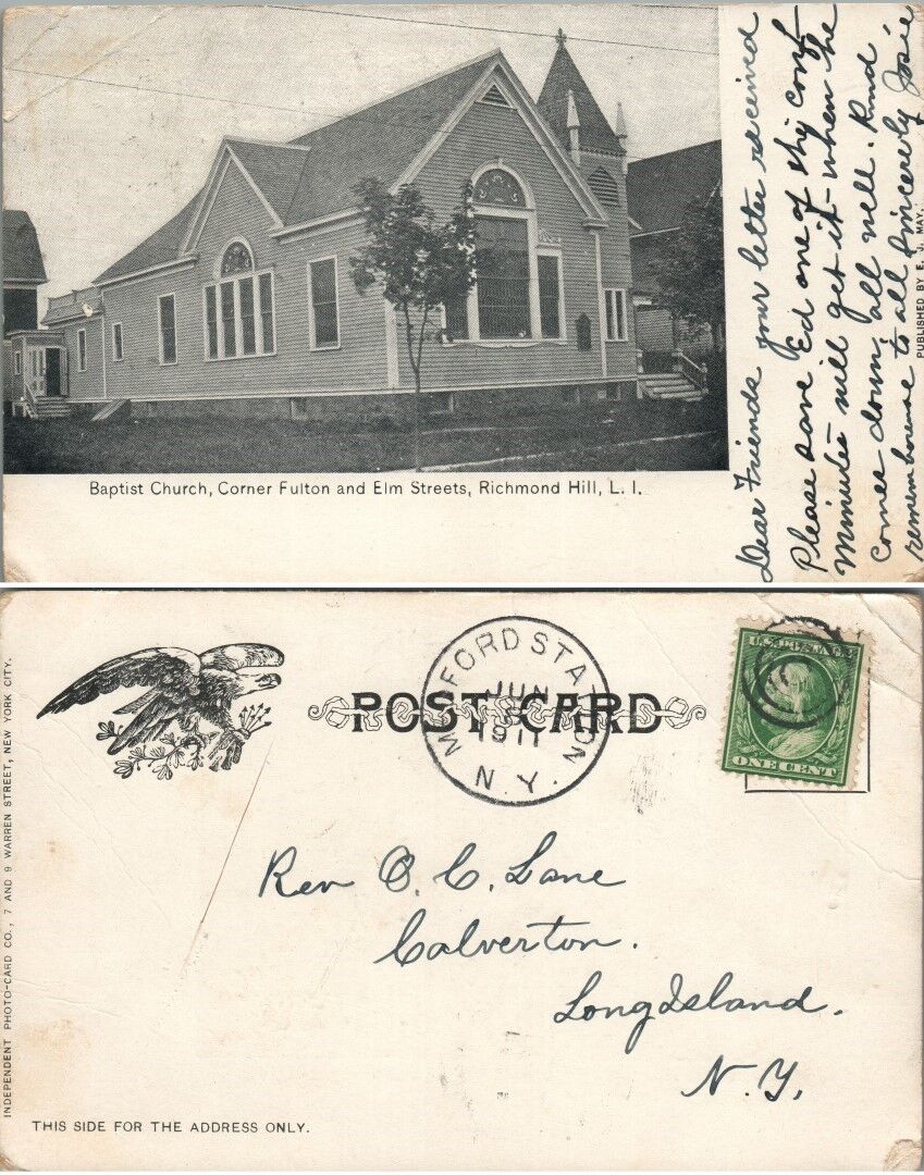 ANTIQUE 1911 POSTCARD BAPTIST CHURCH FULTON ELM STREET RICHMOND HILL LONG ISLAND