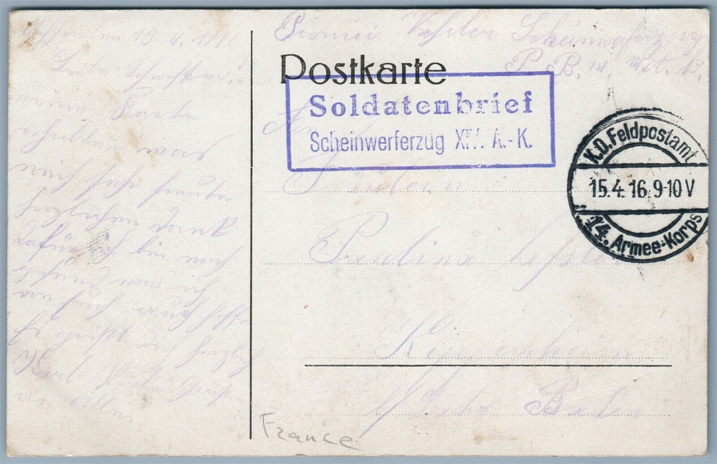 RIPONT FRANCE 1916 GERMAN FELDPOST ANTIQUE POSTCARD