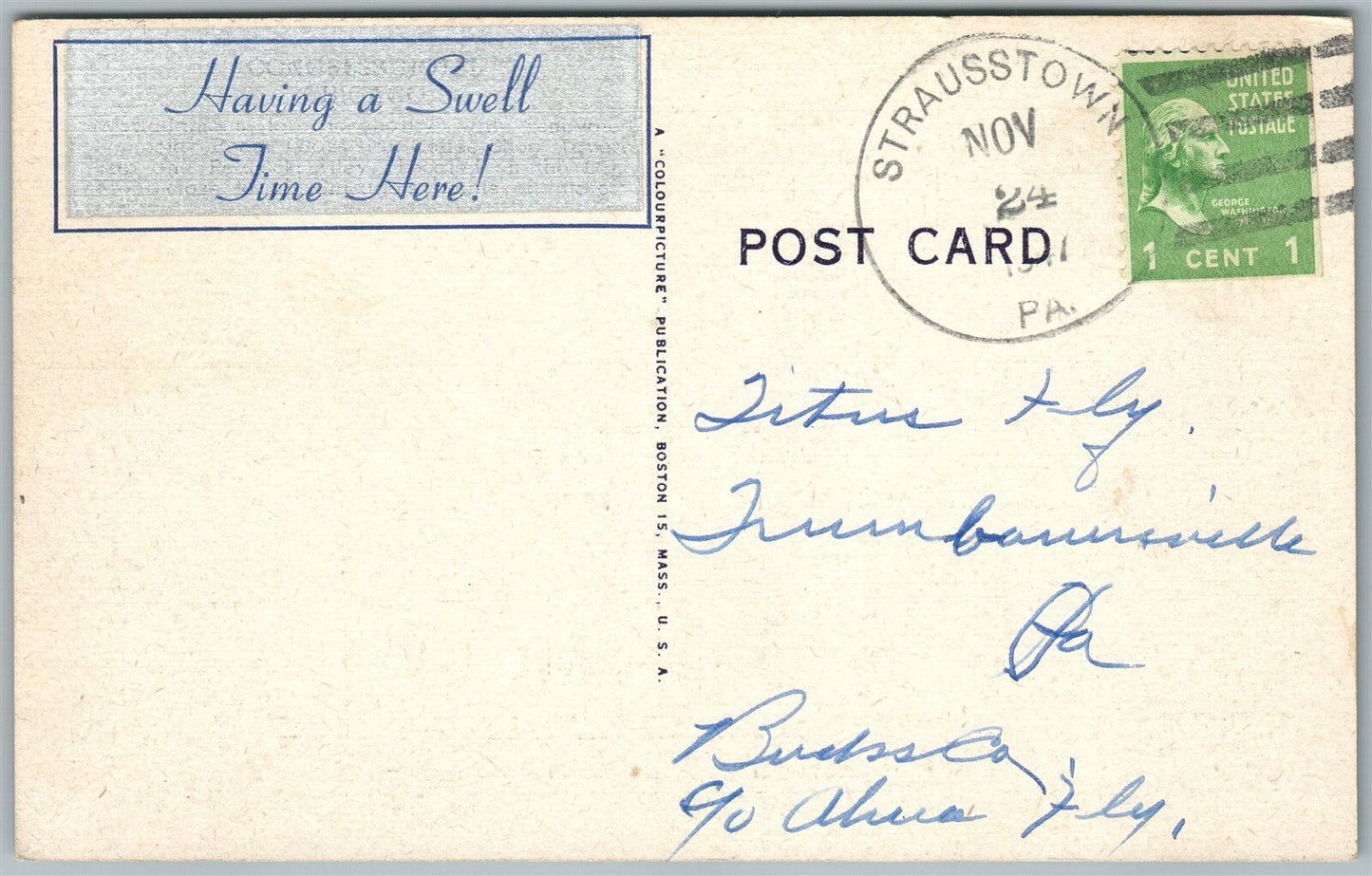 STRAUSSTOWN PA 1947 VINTAGE POSTCARD