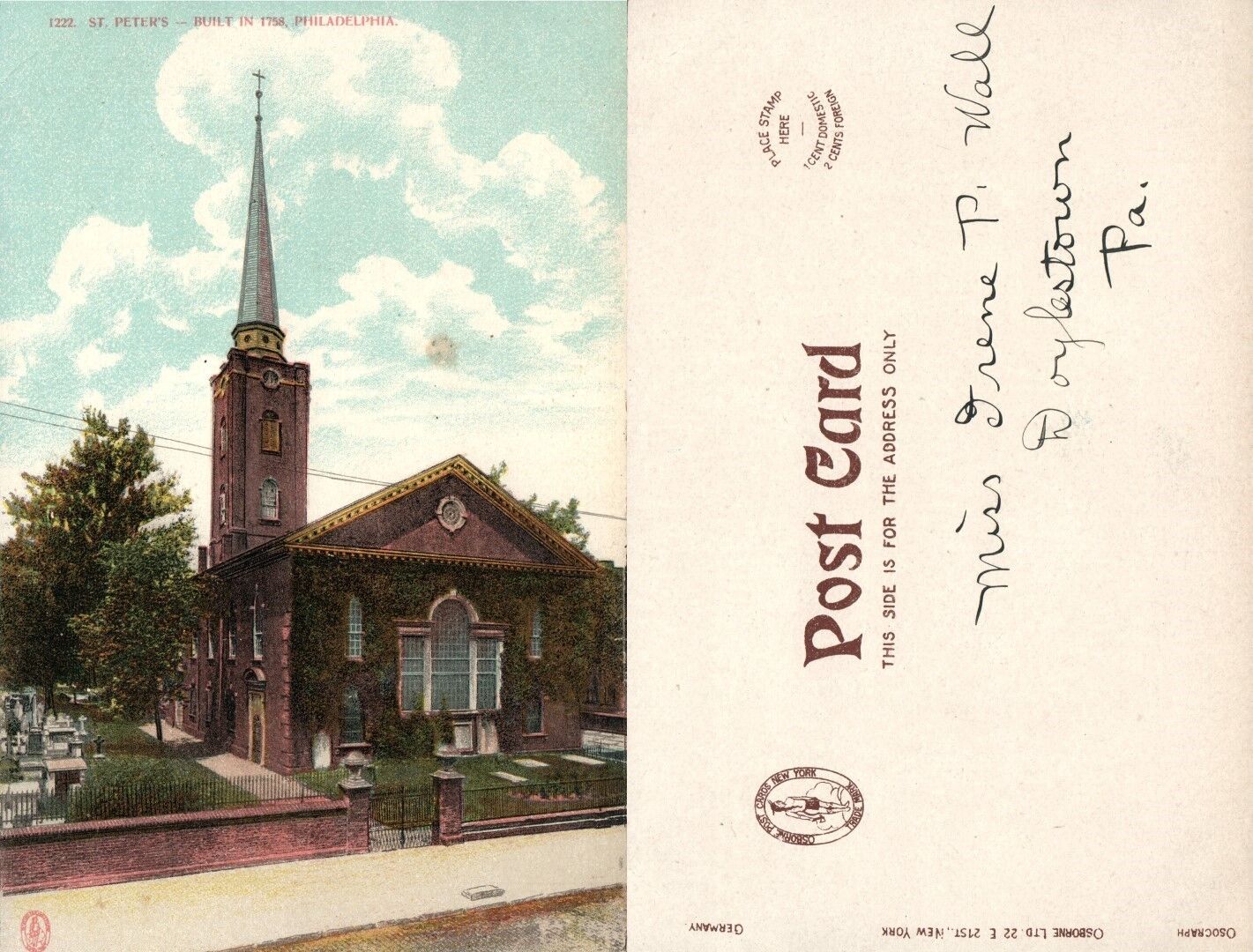 ST.PETER'S CHURCH PHILADELPHIA PA UNDIVIDED ANTIQUE POSTCARD