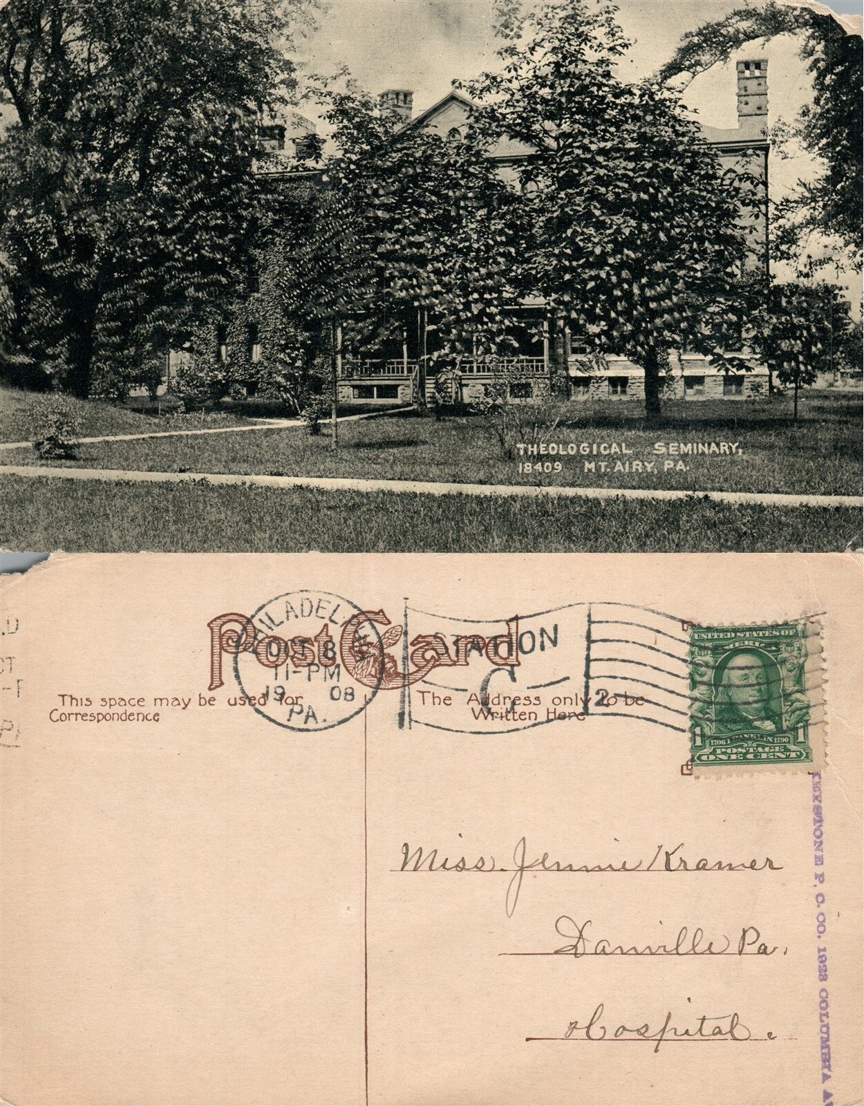 MT.AIRY PA THEOLOGICAL SEMINARY 1908 ANTIQUE POSTCARD