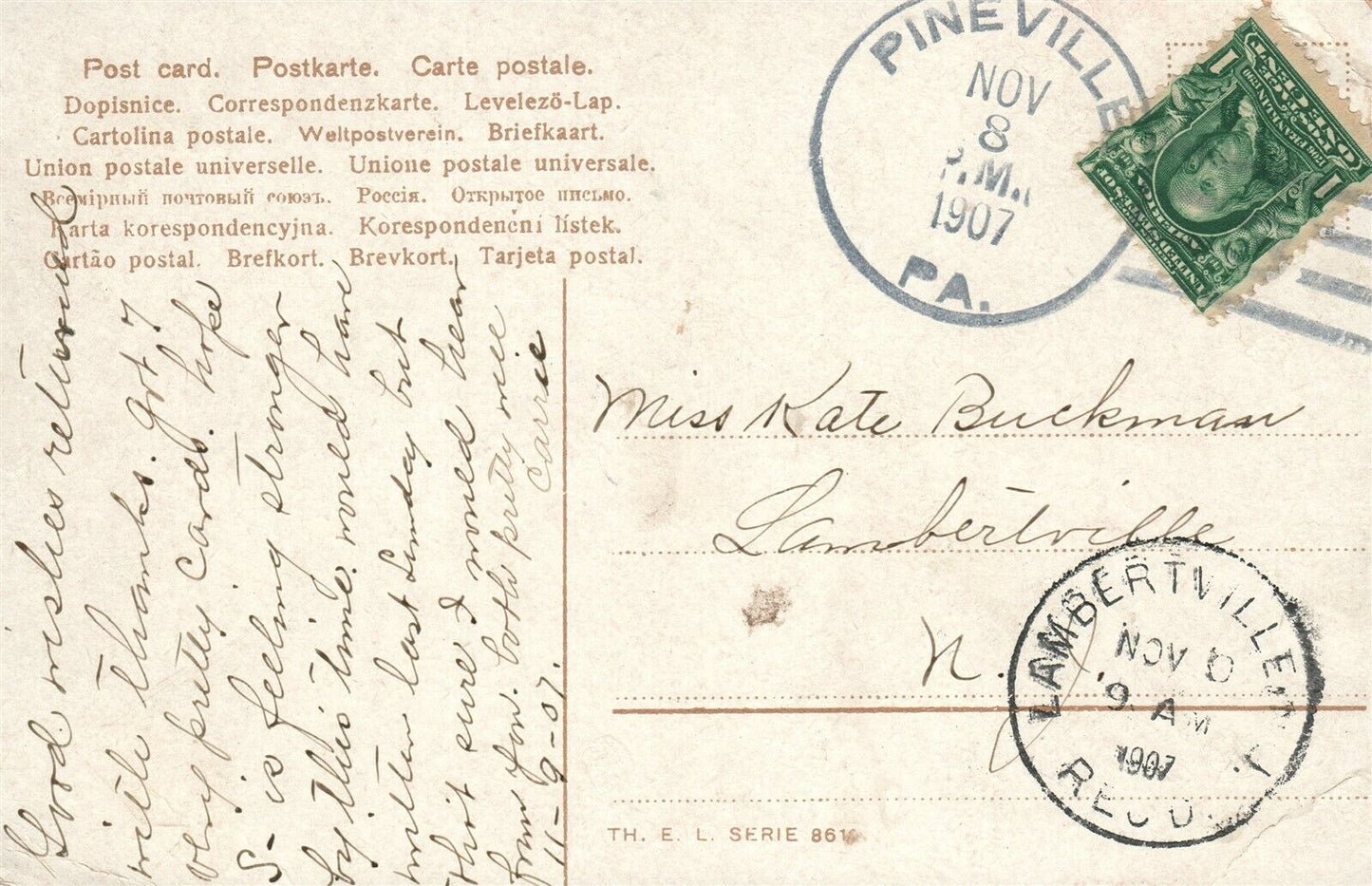 PINEVILLE PA TO LAMBERTVILLE NJ FARM SCENE 1907 ANTIQUE POSTCARD