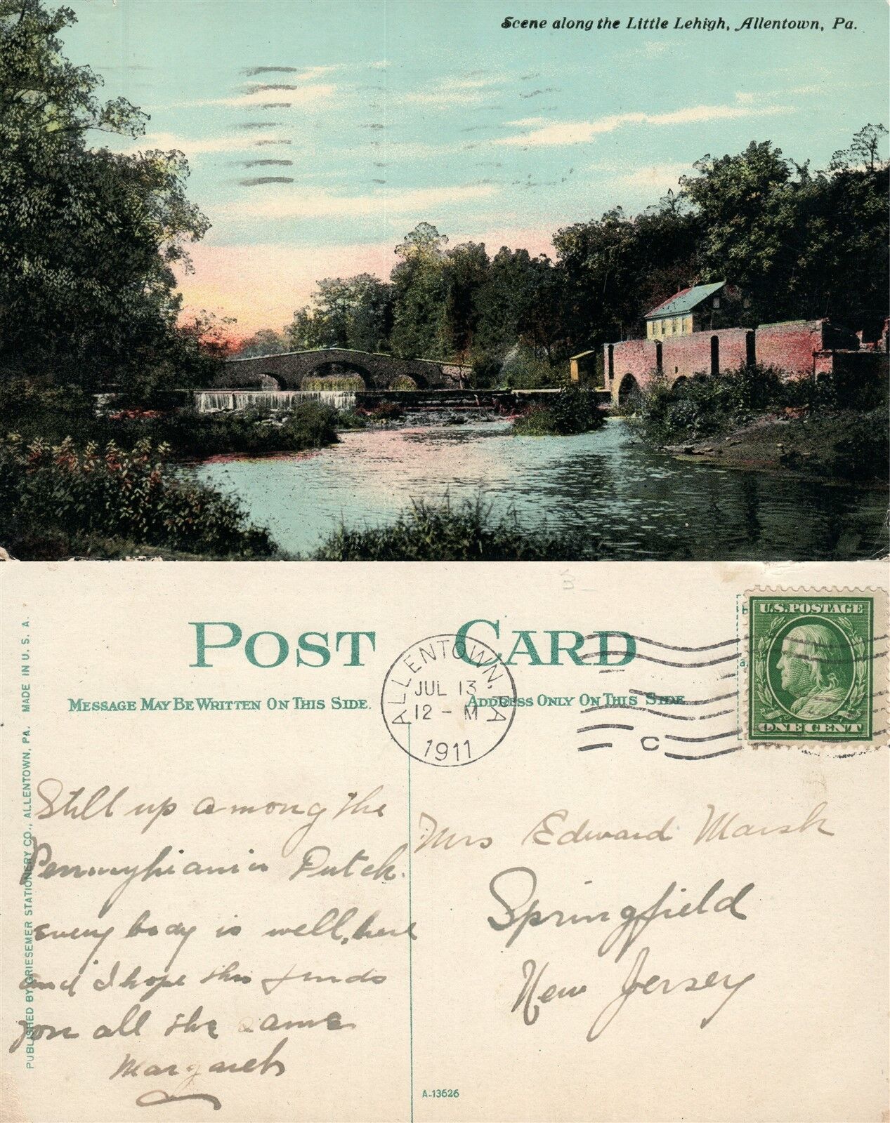 ALLENTOWN PA LITTLE LEHIGH 1911 ANTIQUE POSTCARD