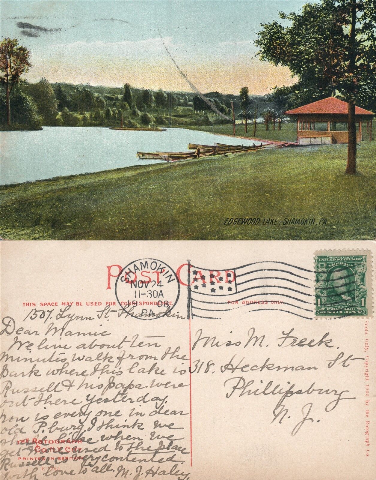 SHAMOKIN PA EDGEWOOD LAKE 1908 ANTIQUE POSTCARD