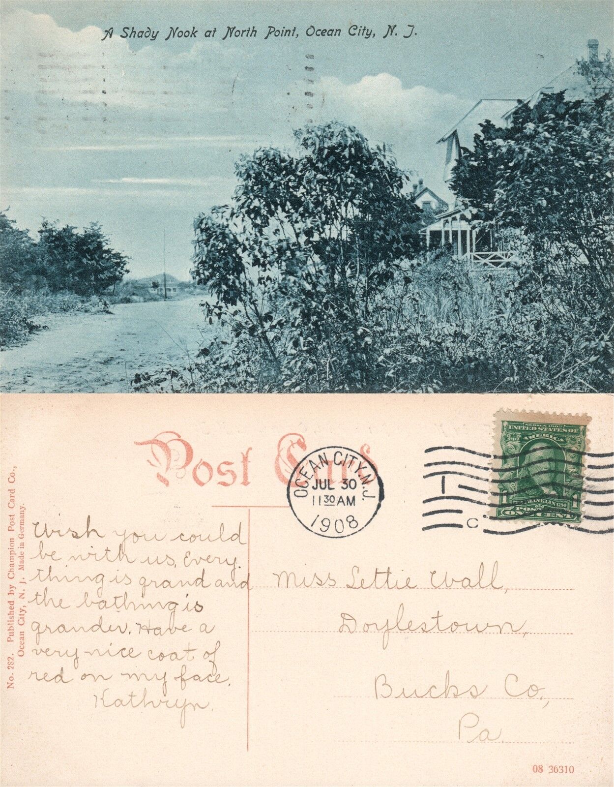 OCEAN CITY N.J. NORTH POINT 1908 ANTIQUE POSTCARD