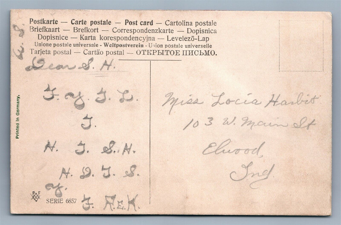 VALENTINE ANTIQUE EMBOSSED POSTCARD w/ SILK HEART series 6857