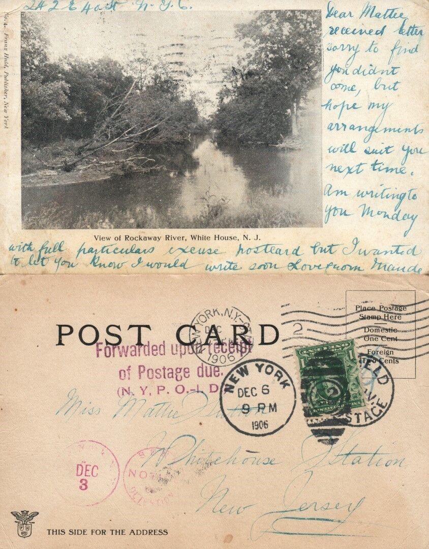 WHITE HOUSE N.J. ROCKAWAY RIVER 1906 UNDIVIDED ANTIQUE POSTCARD