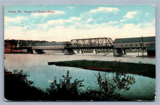 BANGOR ME BREWER BRIDGE 1910 ANTIQUE POSTCARD