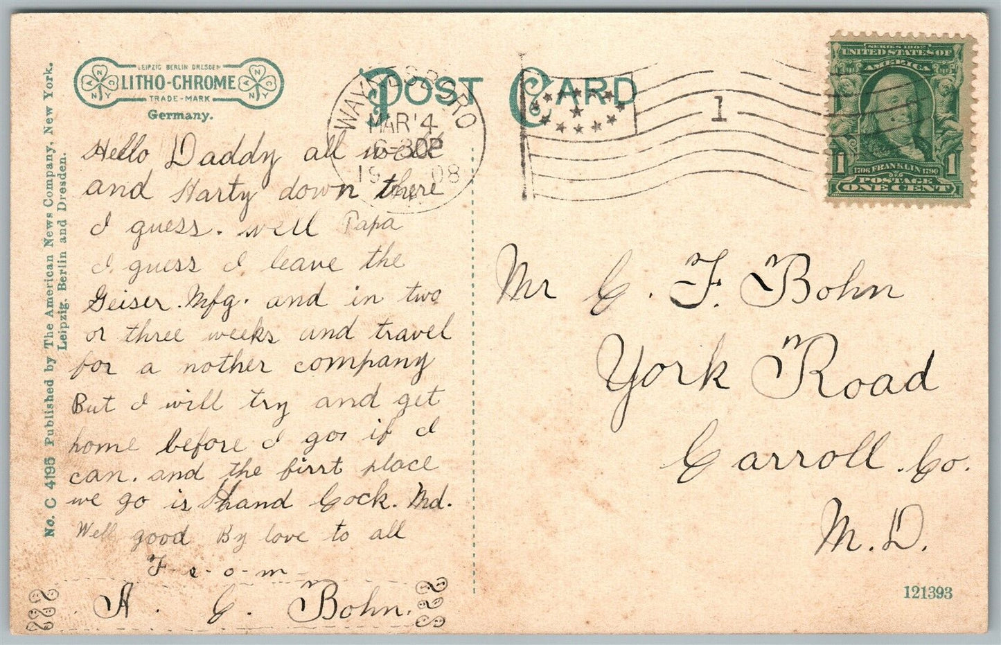 WAYNESBORO PA CENTER SQUARE 1908 ANTIQUE POSTCARD