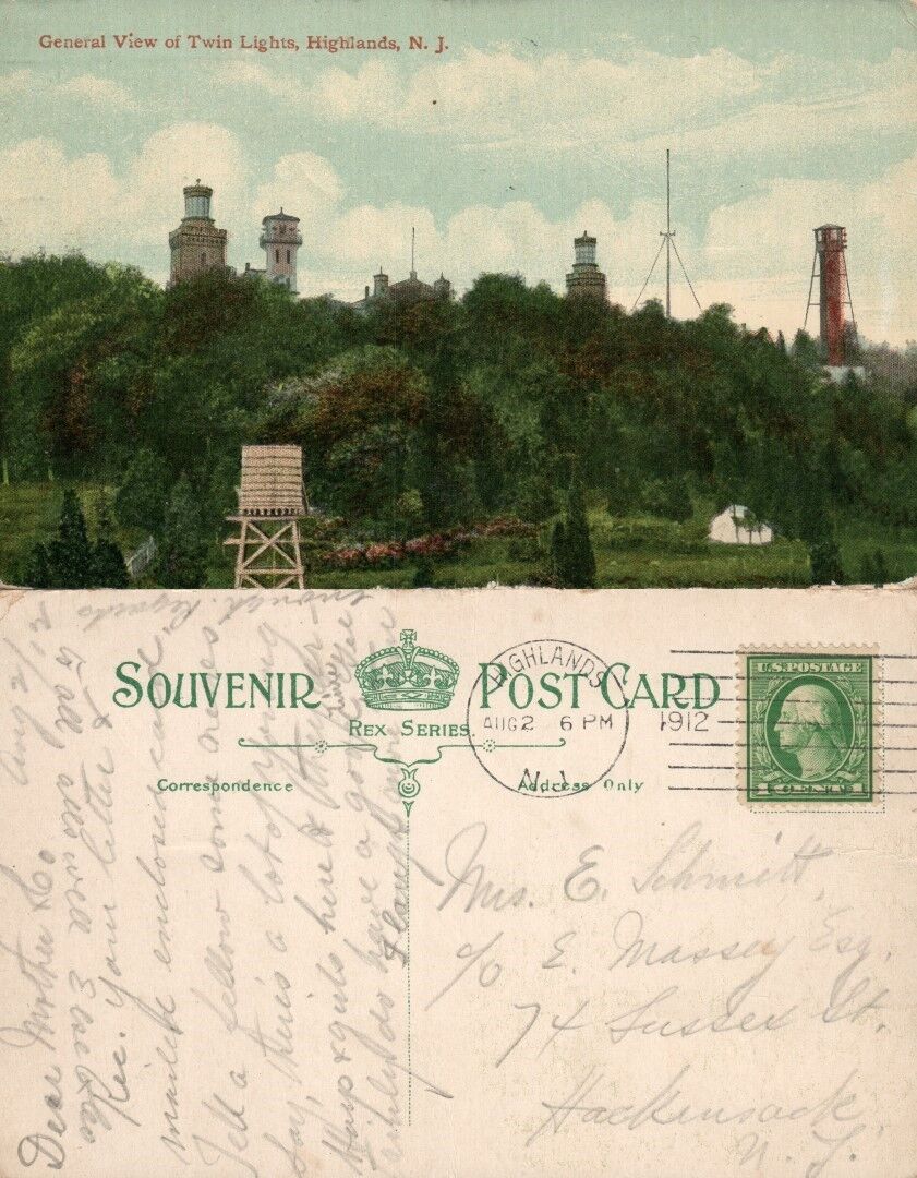 HIGHLANDS N.J. GENERAL VIEW OF TWIN LIGHTS 1912 ANTIQUE POSTCARD
