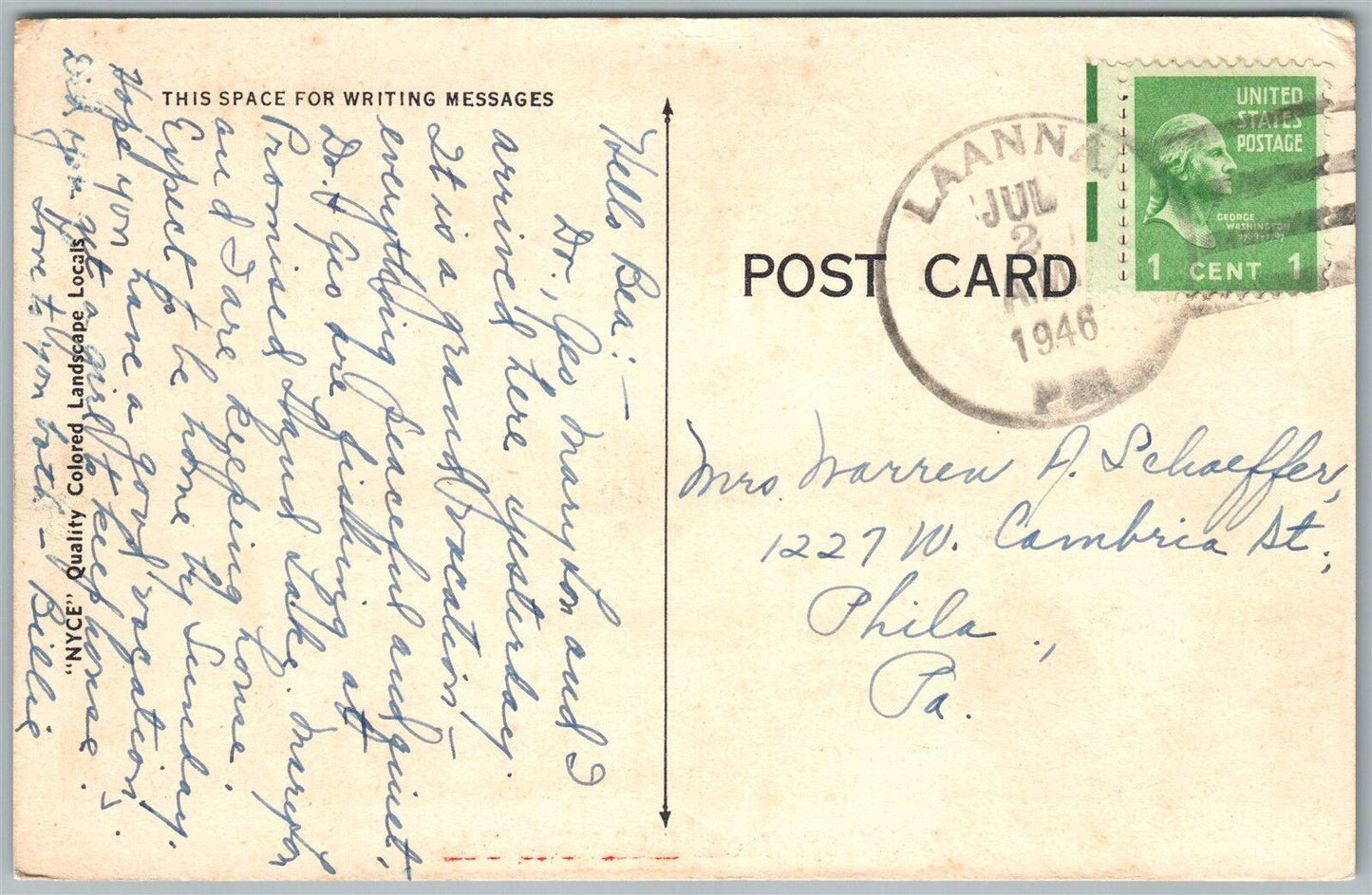 LAANNA PA GREETINGS 1946 VINTAGE POSTCARD