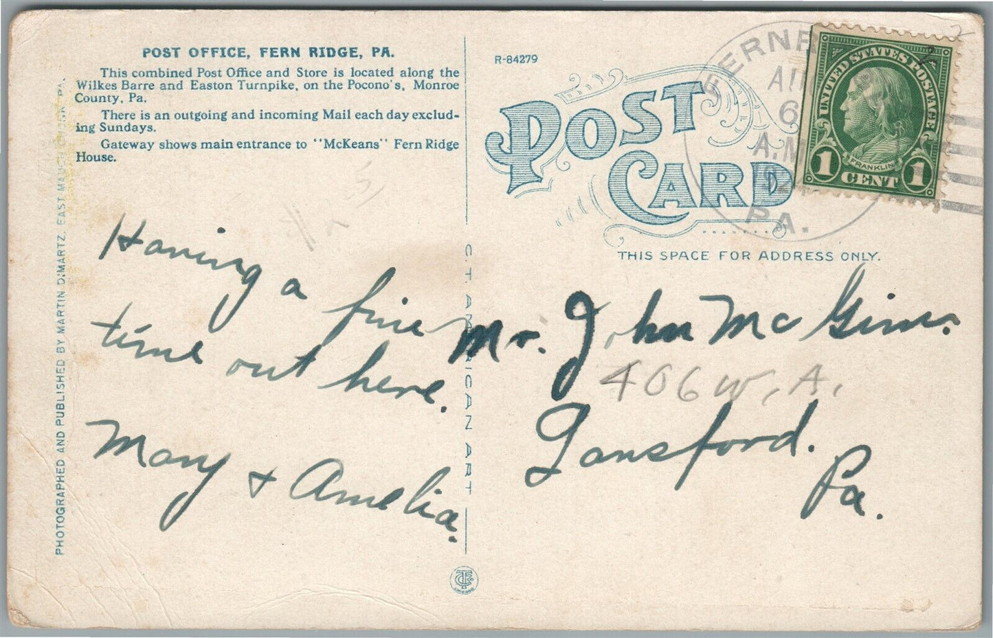 FERN RIDGE PA POST OFFICE ANTIQUE POSTCARD