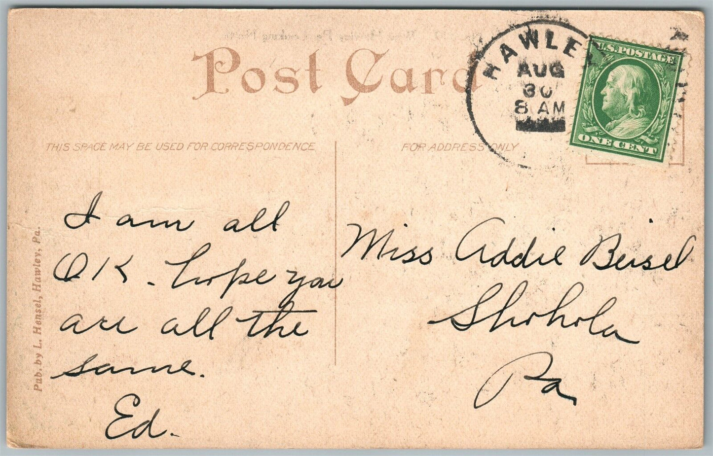 WEST HAWLEY PA ANTIQUE POSTCARD