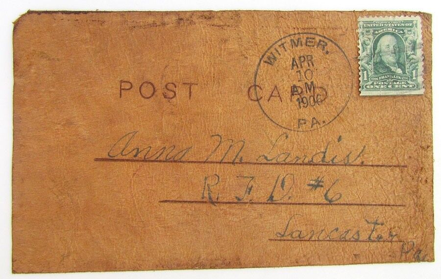 1906 ANTIQUE UNDIVIDED LEATHER POSTCARD PIPE SMOKING MAN sent to WITMER PA
