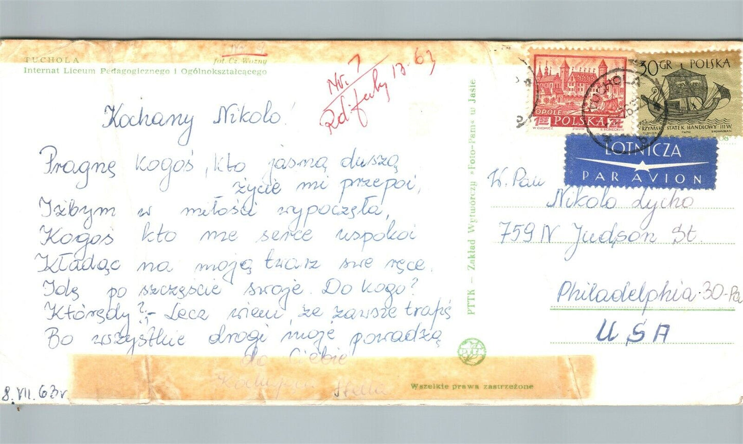 POLAND TUCHOLA INTERNAT VINTAGE 1963 POLISH REAL PHOTO POSTCARD RPPC w/ stamps