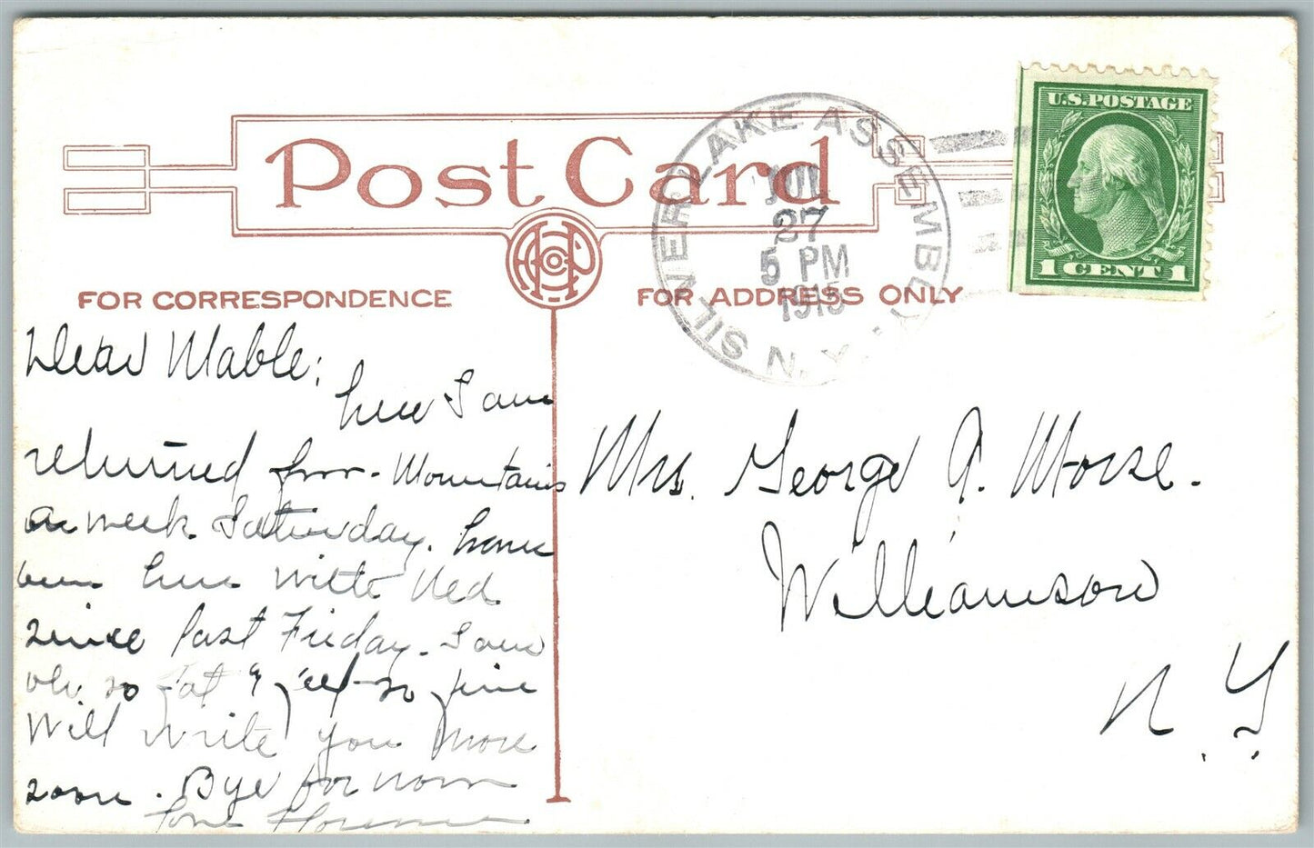 LAKE ASSEMBLY N.Y. EXAGGERATED FISHING 1915 ANTIQUE POSTCARD