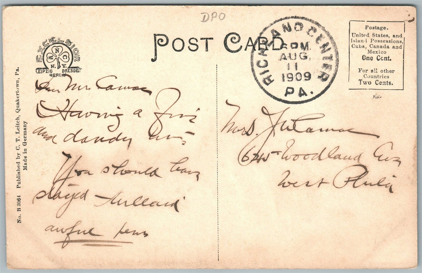 QUAKERTOWN PA BUCKS COUNTY FIRST REFORMED CHURCH 1909 ANTIQUE POSTCARD