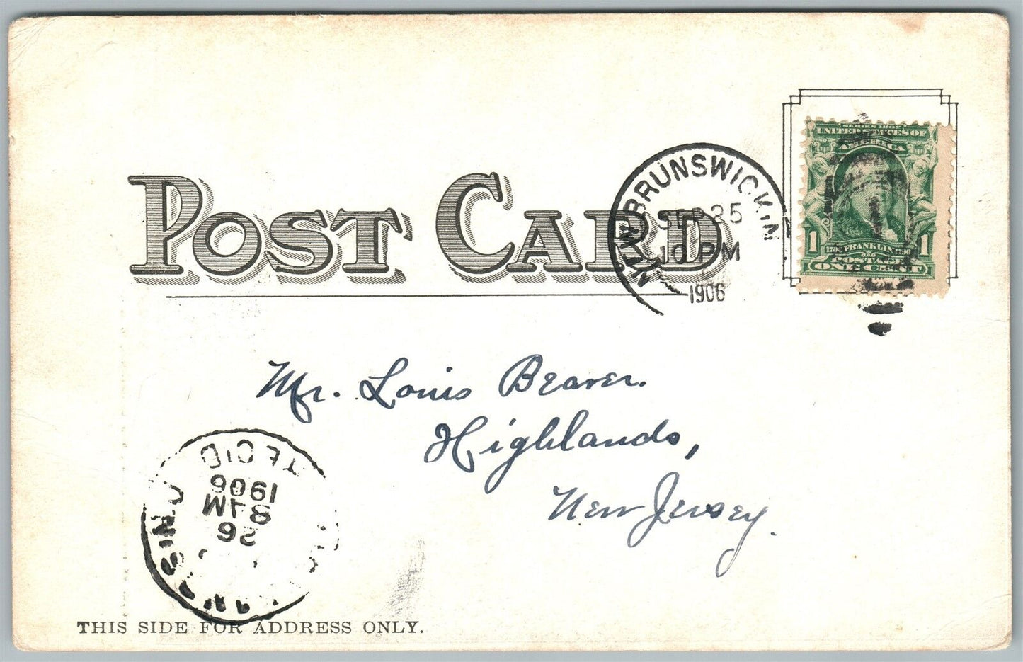 NEW BRUNSWICK NJ LANDING BRIDGE UNDIVIDED 1906 ANTIQUE POSTCARD w/ CORK CANCEL