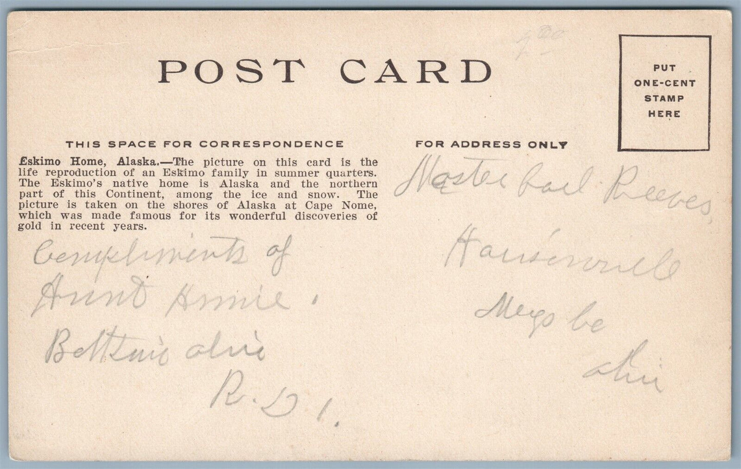 CAPE NOME ALASKA ESKIMO HOME ANTIQUE POSTCARD