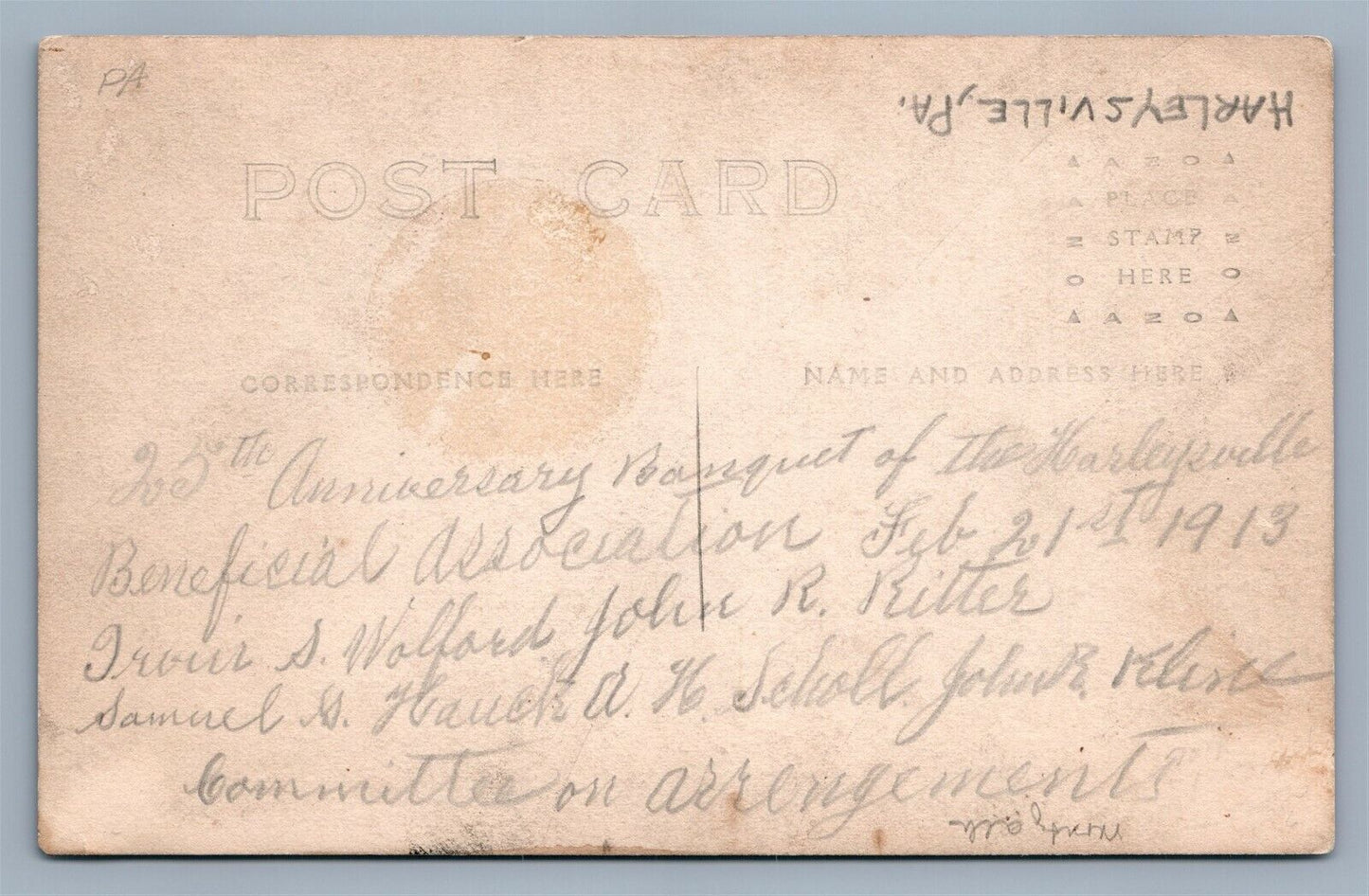 HARLEYSVILLE PA BENEFICIAL ASSOCIATION BANQUET ANTIQUE REAL PHOTO POSTCARD RPPC