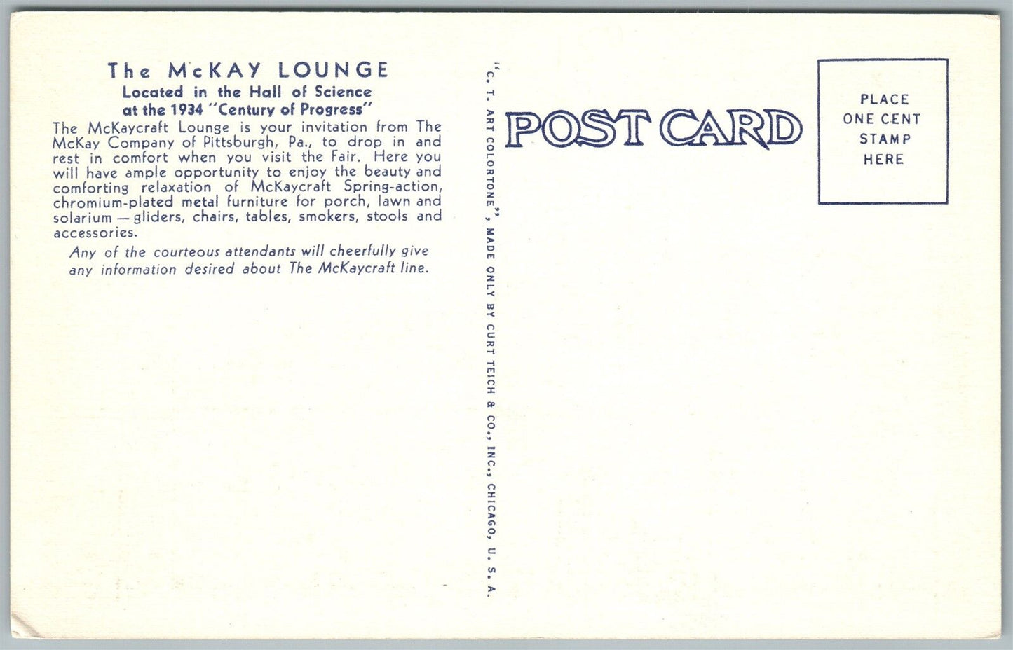 PITTSBURGH PA McKAY COMPANY HALL OF SCIENCE VINTAGE POSTCARD