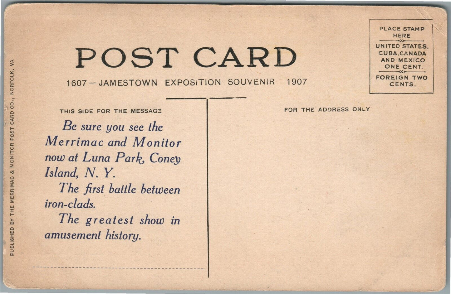JAMESTOWN EXPO MERRIMAC SUBMARINE LUNA PARK NY ADVERTISING ANTIQUE POSTCARD