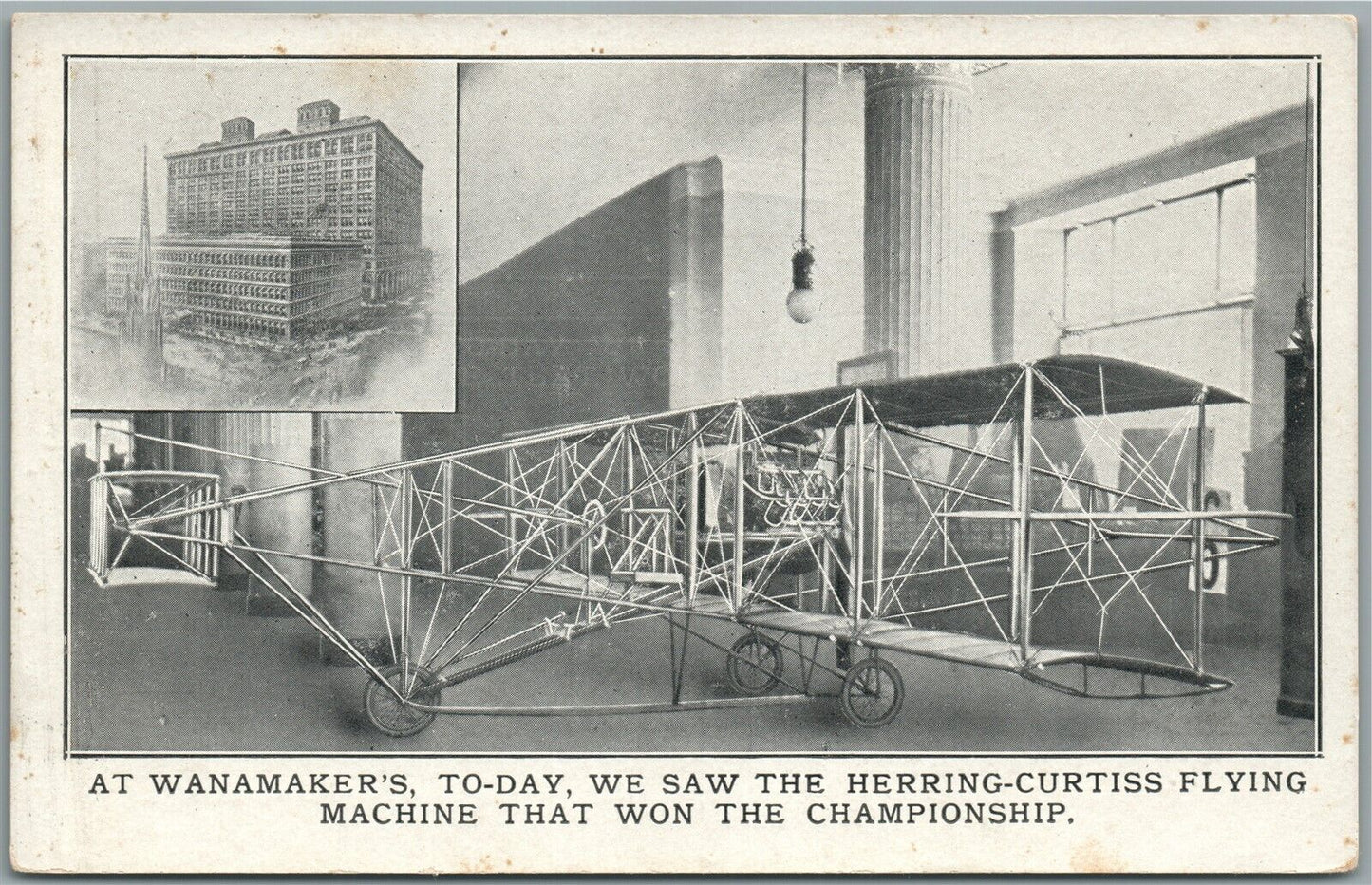 PHILADELPHIA PA WANAMAKER'S HERRING CURTISS FLYING MACHINE ANTIQUE POSTCARD