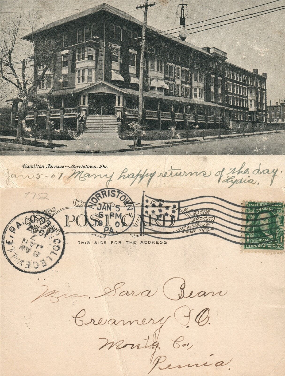 NORRISTOWN PA HAMILTON TERRACE HOTEL 1907 UNDIVIDED ANTIQUE POSTCARD