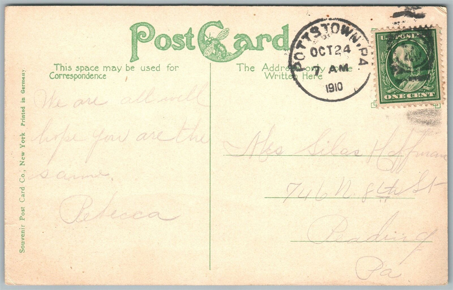 POTTSTOWN PA HOSPITAL 1910 ANTIQUE POSTCARD