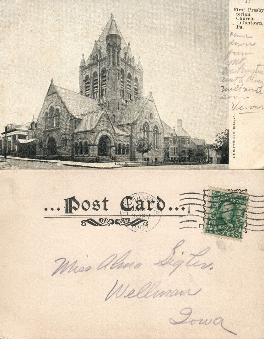 FIRST PRESBYTERIAN CHURCH UNIONTOWN PA 1907 ANTIQUE POSTCARD