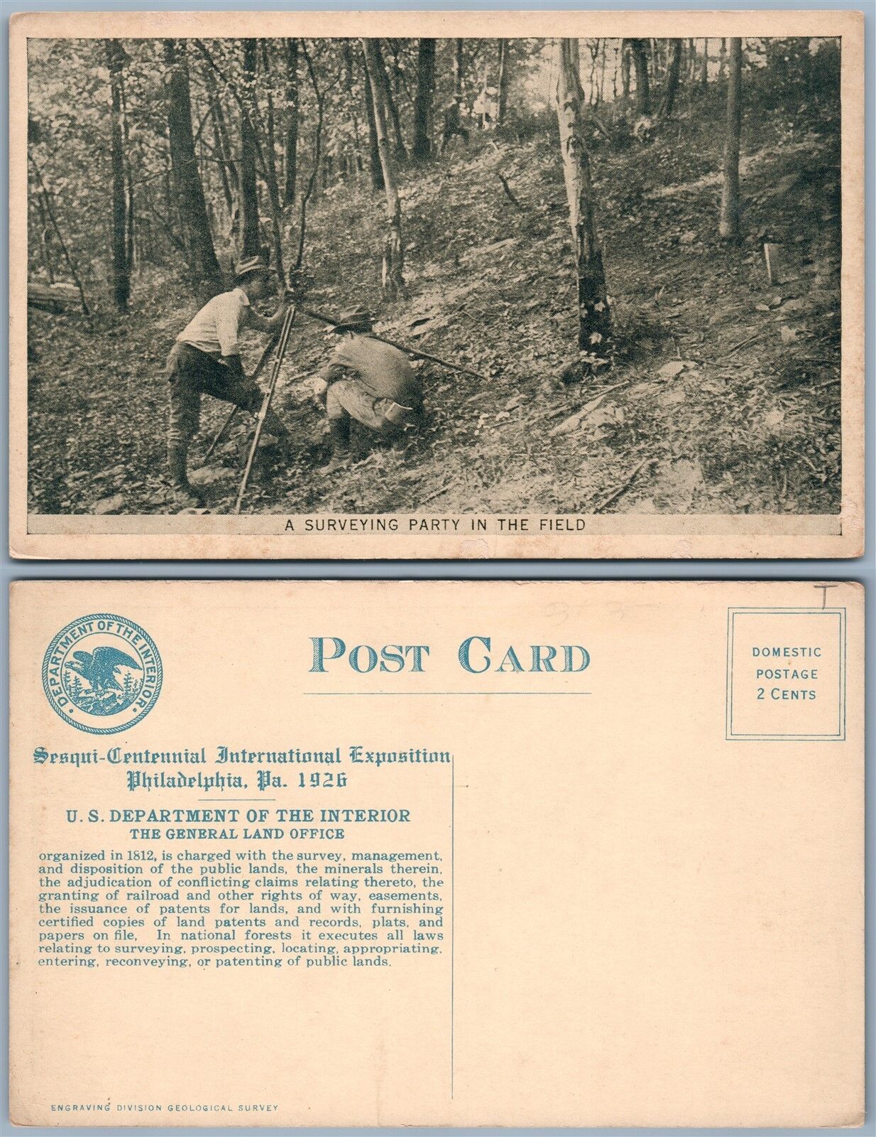 SURVEING PARTY IN THE FIELD PHILADELPHIA EXHIBITION 1926 ANTIQUE POSTCARD