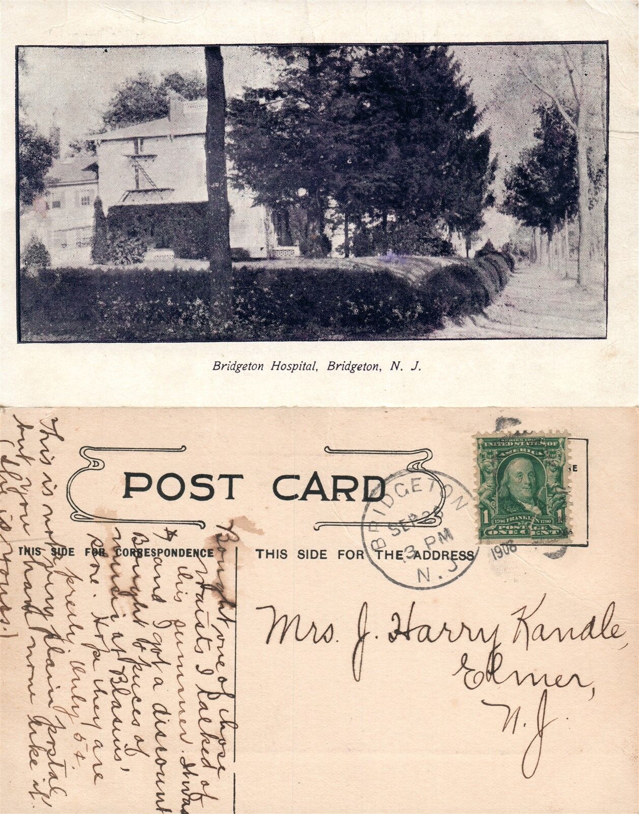 BRIDGETON N.J. HOSPITAL 1908 ANTIQUE POSTCARD w/ CORK CANCEL