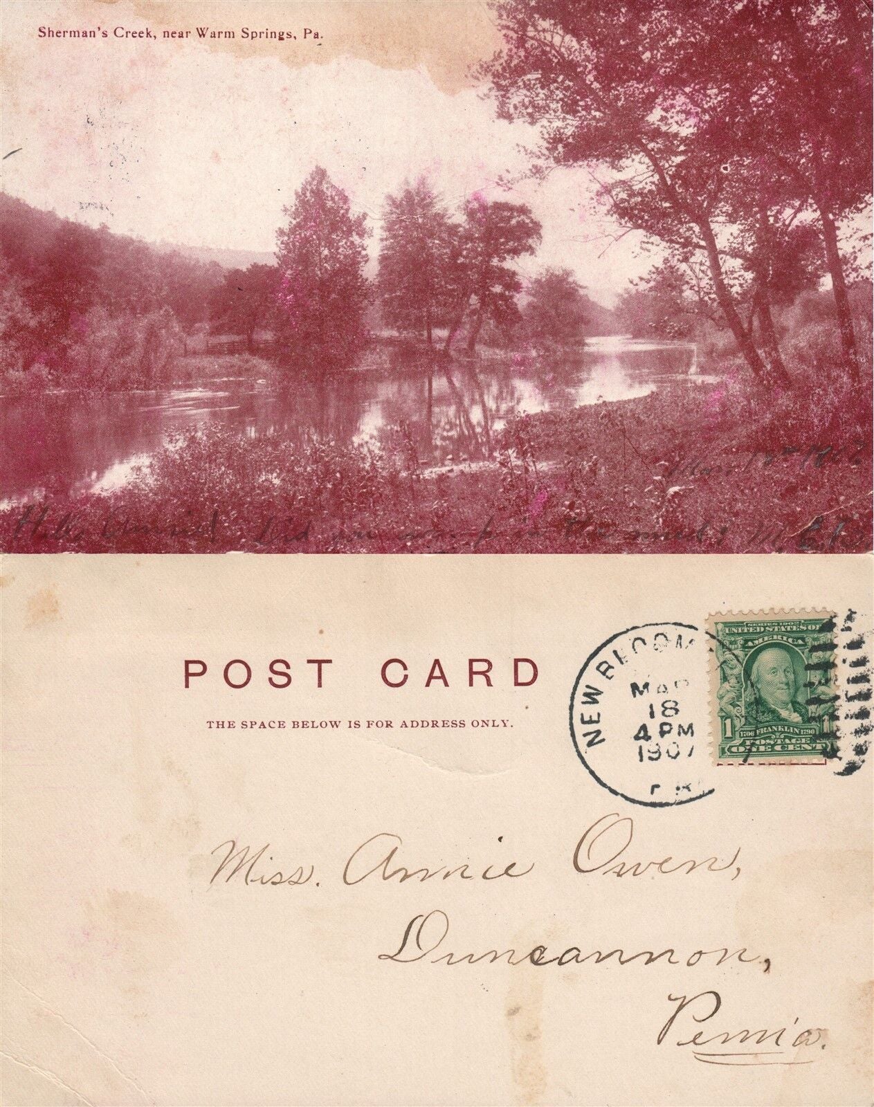 WARM SPRINGS PA SHERMSN'S CREEK 1907 ANTIQUE POSTCARD w/ CORK CANCEL