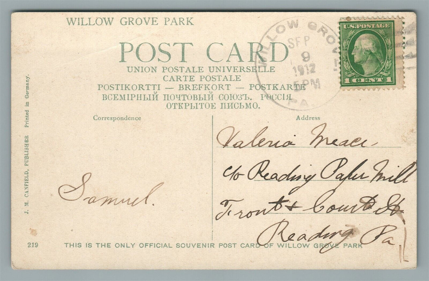 PHILADELPHIA PA WILLOW GROVE PARK NATURAL SECTION ANTIQUE POSTCARD