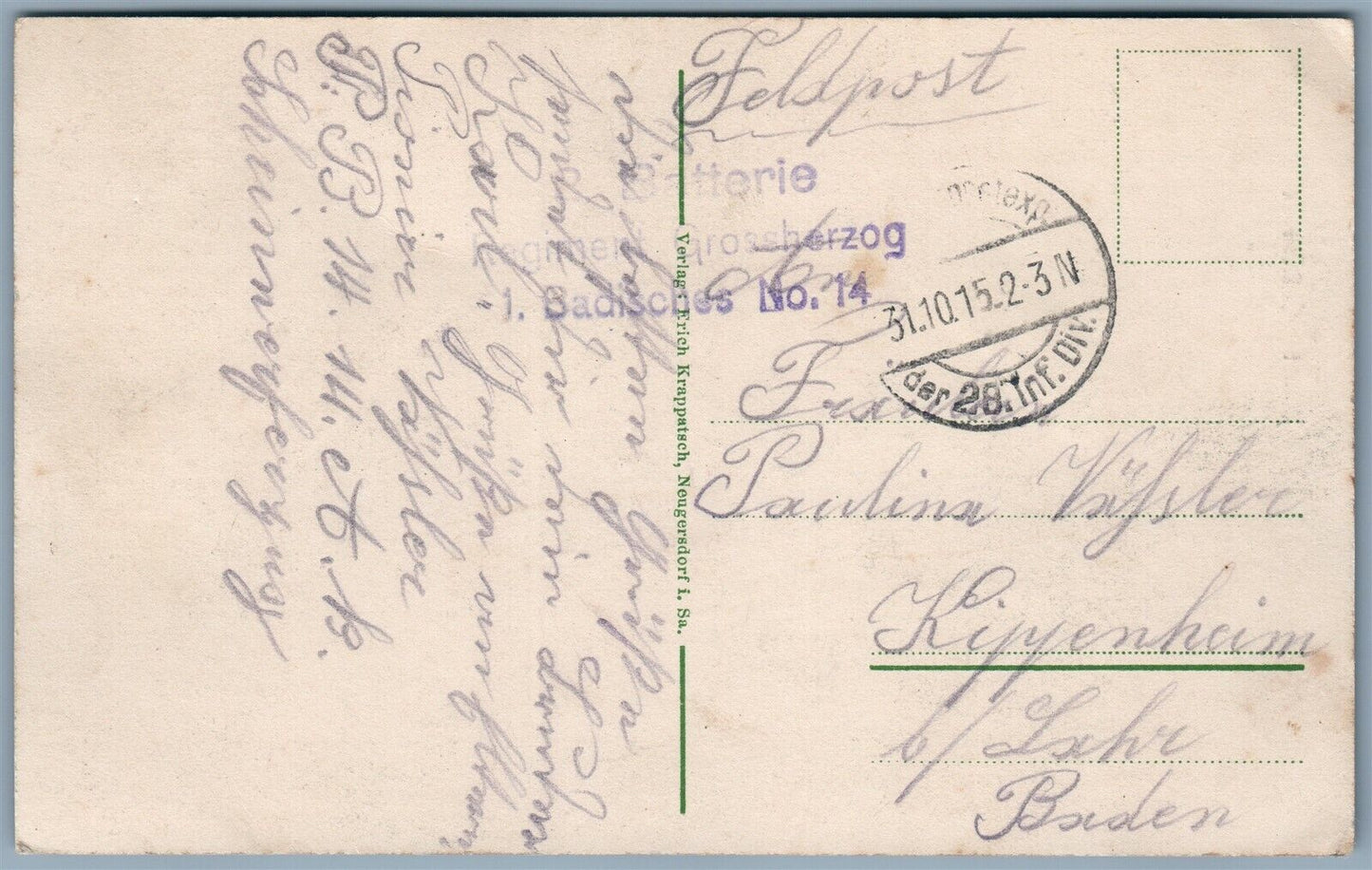 GERMAN WWI FELDPOST 1915 ANTIQUE POSTCARD DINANT CHATEAU DE WALZIN BELGIUM