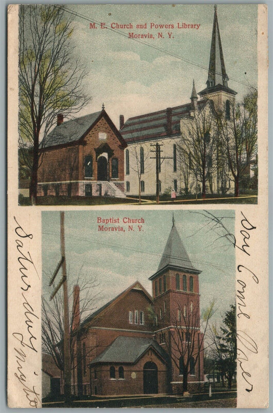 MORAVIA NY BAPTIST & M.E. CHRCHES ANTIQUE POSTCARD