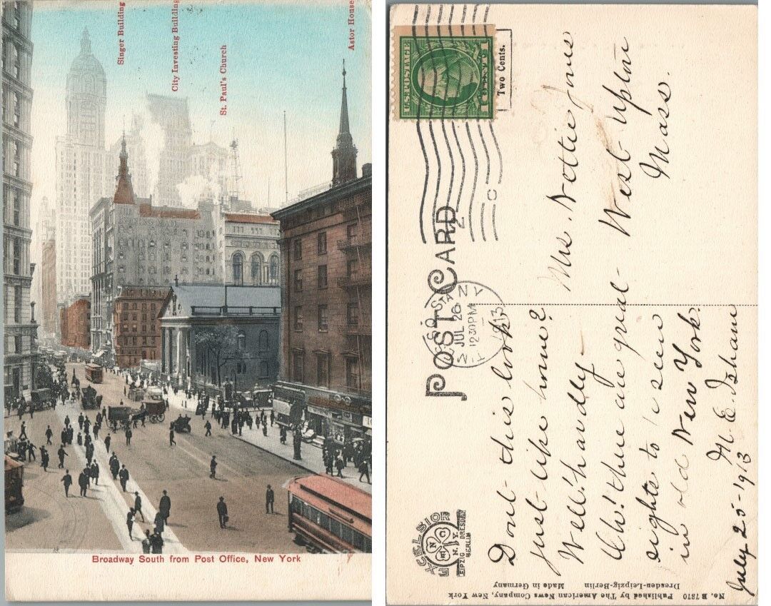 BROADWAY SOUTH FROM POST OFFICE NEW YORK N.Y. ANTIQUE 1913 POSTCARD