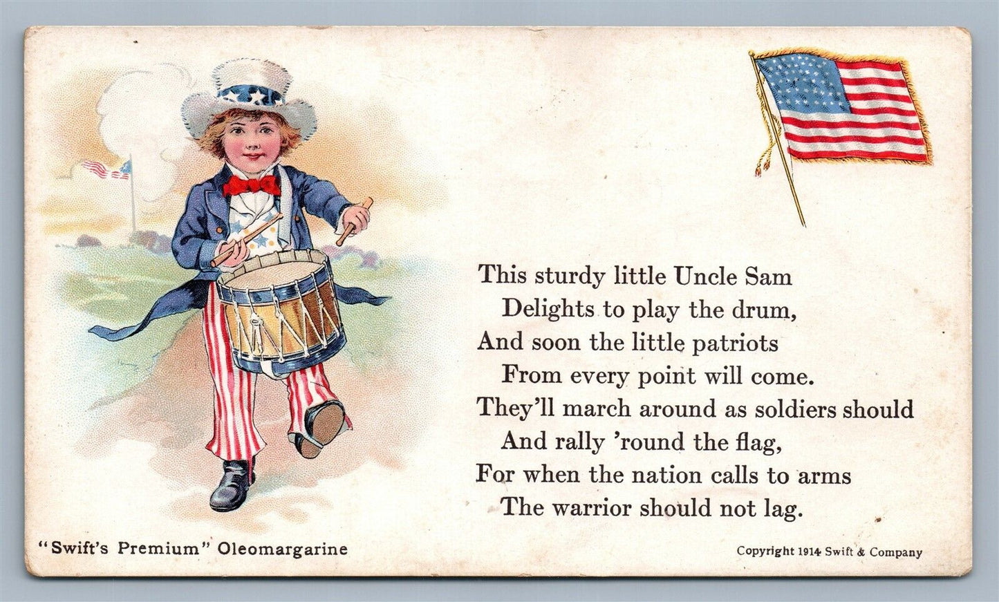 LITTLE UNCLE SAM w/ DRUM ANTIQUE OLEOMARGARINE ADVERTISING POSTCARD PATRIOTIC