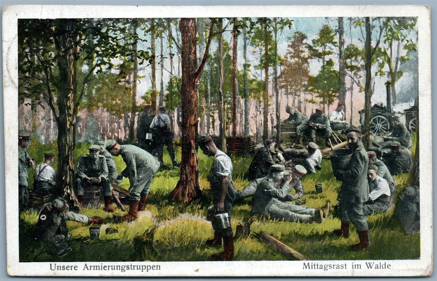 GERMAN WWI 1916 MILITARY FELDPOST ANTIQUE POSTCARD MITTAGSRAST IM WALDE