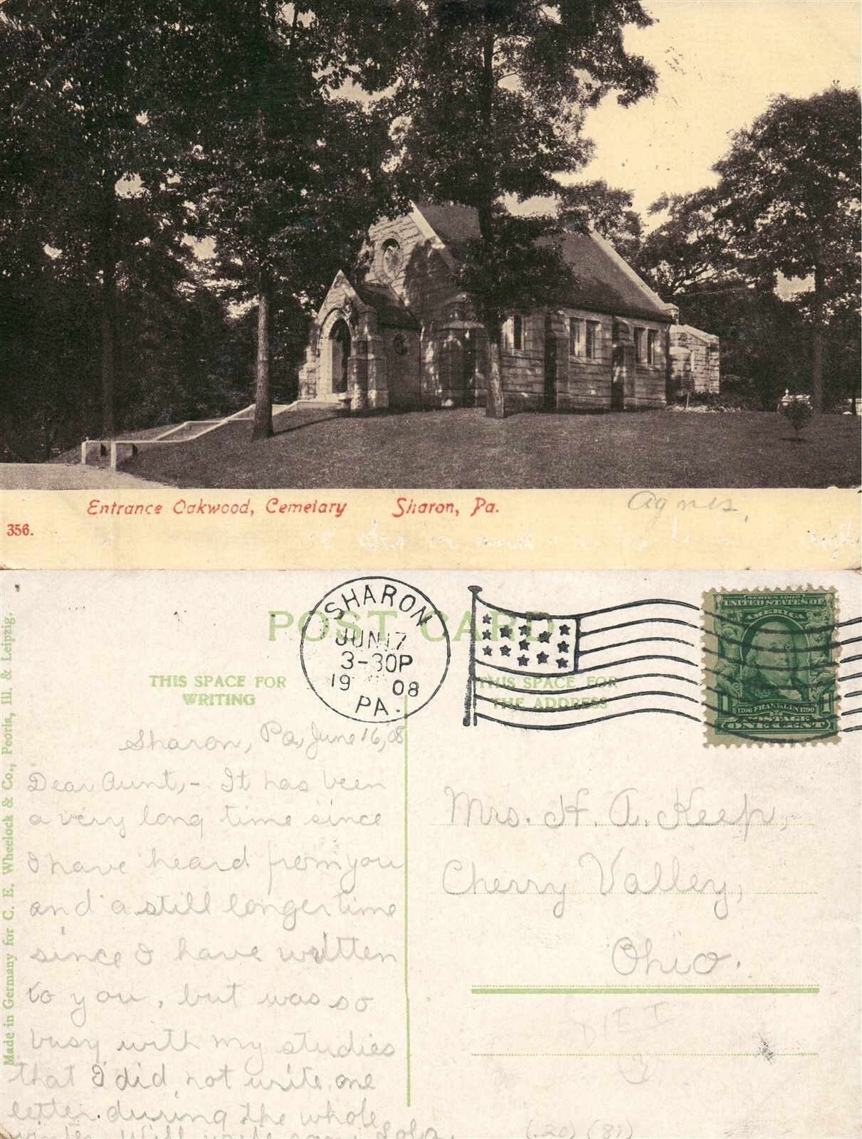 SHARON PA OAKWOOD CEMETERY 1908 ANTIQUE POSTCARD