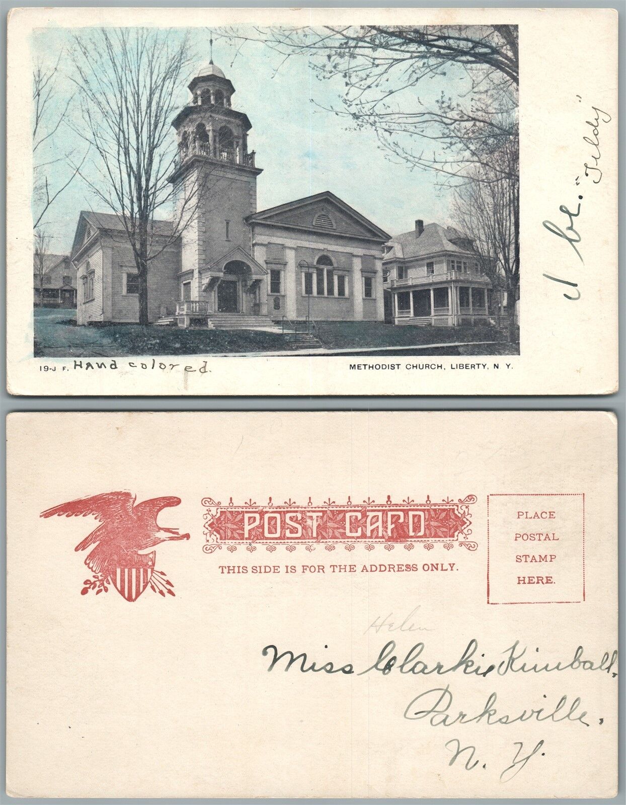 LIBERTY N.Y. METHODIST CHURCH HAND COLORED UNDIVIDED ANTIQUE POSTCARD