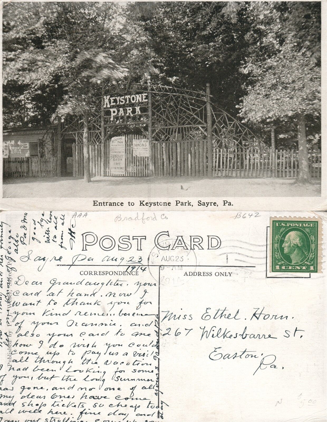 SAYRE PA KEYSONE PARK 1914 ANTIQUE POSTCARD